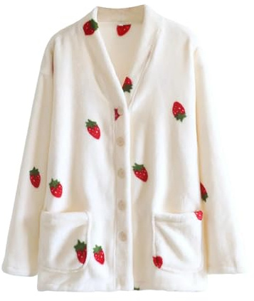 Button Front Flannel Bed Jackets for Women Nightwear Coat Long Sleeve Collared Loungewear Jacket with Pockets Warm Fleece Ladies Housecoats for Cosy Sleepwear L