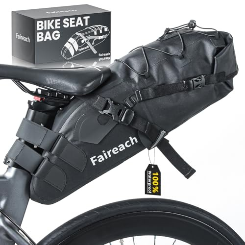 Faireach Sacoche de Selle Vélo Étanche 10L Grand Capacité, Sacoche Velo Arrière Universelle pour VTT Route avec Bande Réfléchissante, Support de Charge Lourd 5kg pour Cyclisme, Poche Imperméable Noir