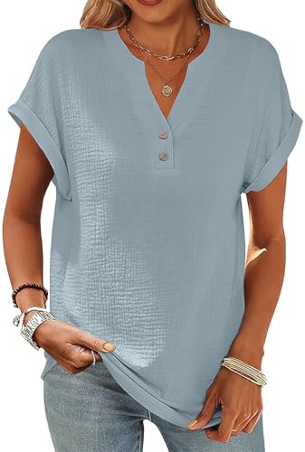 Yutdeng Chemise Femme Coton et Lin Été Col en V avec Boutons Chemisiers et Blouses Tunique à Manches Courtes Chic et Élégant Couleur Unie Tee Shirt Respirant Décontractée Haut Tops