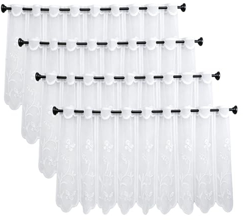 ASSRECT 4PCS Kitchen Curtains with Eyelets,Floral Cafe Short Sheer Curtains | Light Filtering Privacy, 130x45cm Short Panels, Soft Polyester Fabric, Ideal for Bistro, Small Space and Home Decor