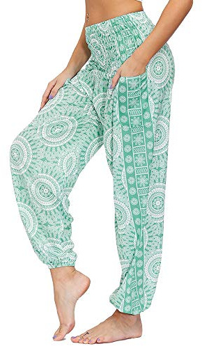 Nuofengkudu Women's Hippie Harem Yoga Pants with Pockets Smocked High Waisted Baggy Soft Bohemian Print Colourful Summer Trousers Lightweight Flowy Travel Holiday Beachwear (Y-Light Green,One Size)