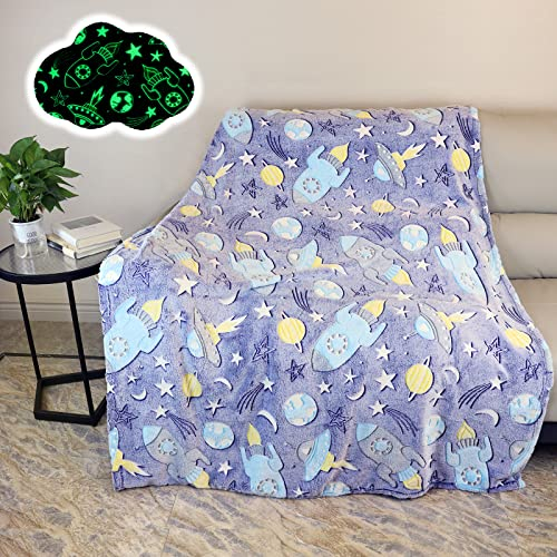 Glow in The Dark Throw Blanket, Galaxy Stars Pattern Soft Flannel Fleece Blanket,All Season Couch Sofa Nap Blanket for Kids Girls Boys Adults Gifts (Space A, 130 x 150 cm)