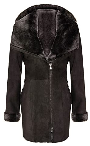 Damkappa med huva Shearling fårskinn merino mocka läderrock, Brun, 4XL