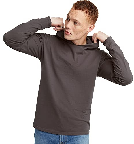Hanes Originals Hooded Long-Sleeve, Men's T-Shirt Hoodie, Vintage Washed, 100% Cotton Tee, New Railroad Gray, Large
