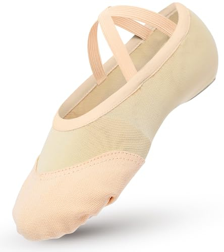 Zapatos de ballet de lona con malla de empalme, zapatos de ballet con suela de cuero dividido, zapatillas de baile elásticas para gimnasia y yoga para niñas Beige, 30 EU