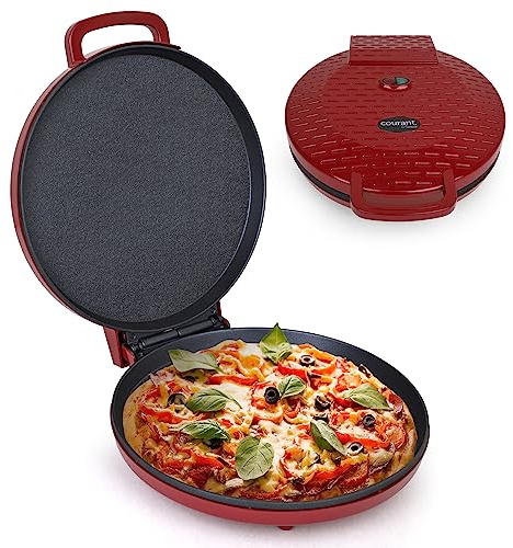 Courant Pizza Maker 12 inch Pizzas Machine, Newly improved Cool-touch Handle Non-Stick plates Pizza oven & Calzone Maker, Electric Countertop Oven for Home or School, 12” Indoor Grill/Griddle, Red