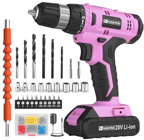 FADAKWALT 20V Cordless Drill Set ，Powerful Drill bit Sets,Torque 30N,21+1 Torque Setting,3/8” inch Keyless Chuck, 40pcs,Electric Drill with 2.0AH Li-Ion Battery and LED Light.