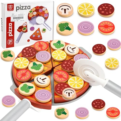 Williyatt Kit Pizza Cuisine en Bois pour Enfants - Accessoires avec Coupe-Pizza, Spatule, Assiette - Jouets pour Garçons et Filles de 3+ Ans