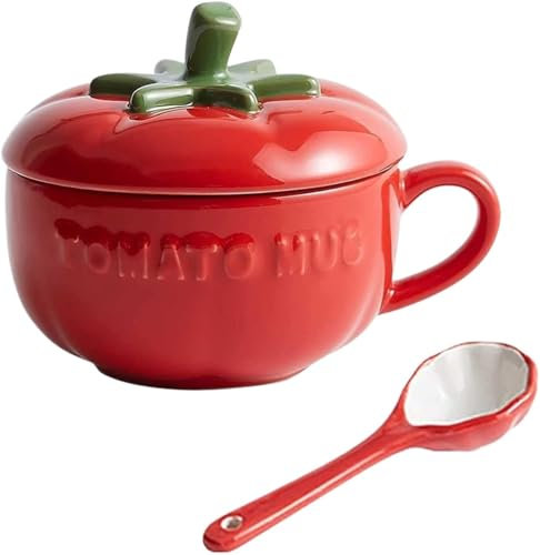 AMSWHL Ceramic Coffee Mug Ceramic Tea Cup Ceramic Container Soup Tureen Soup Bowls with Handles Soup Mug Container Coffee Tea Soup Bowls,Cute Tomato with Lid and Handle,Ceramic Cereals Breakfast Cup