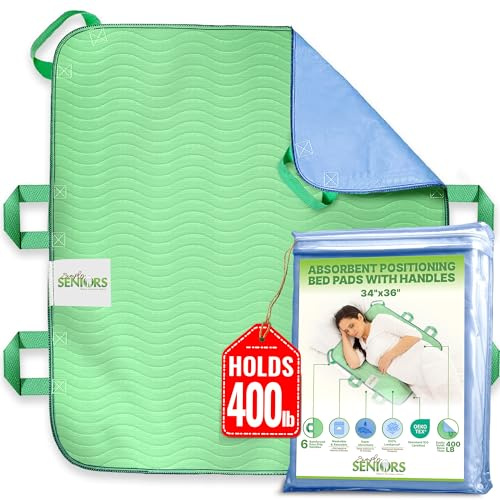 Absorbent Positioning Bed Pads for Elderly with 6 Handles 34x36- Washable Waterproof Incontinence Draw Sheets - Reusable Bed Mobility Under Pads for Seniors Disabled & Bedridden Patients-Fast-Drying