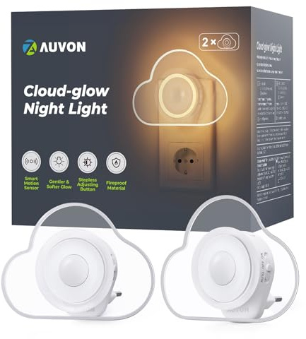 AUVON Nubes luz nocturna infantil con Sensor Movimiento, 2 Unidades Luz Cálida LED con 1-50 lm, Brillo Ajustable para Bebe Dormitorio Infantil, Baño, Cocina, Escalera