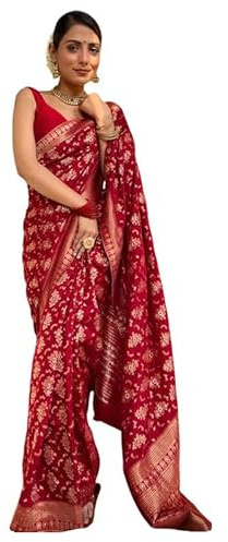 IMTRA FASHION Designer Saree Per Donna Indiano Stile Kanjivaram Banarasi Jacquard Sari Con Camicetta Scucita-Rosso