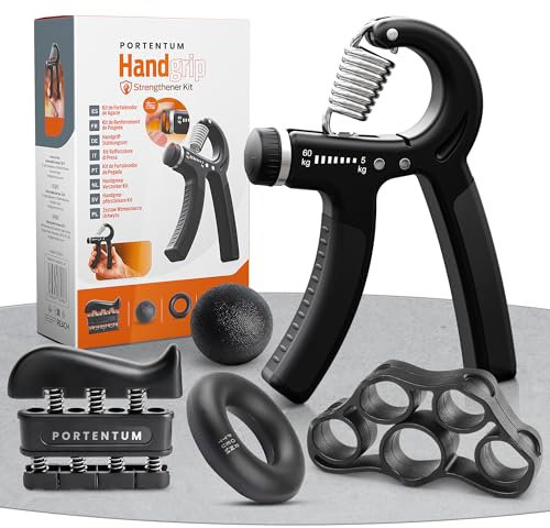PORTENTUM Hand Grip pour avant-bras – Pack de 5 pièces, renforceur de prise réglable, entraîneur de main, écarteur de doigts, anneau et balle anti-stress, Noir