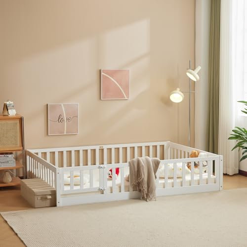 LALAHO 2-in-1 Bodenbett Montessori Kinderbett mit seitlichem Ausstieg 90x200 cm, Herausfallschutz & Lattenrost | Umbaubar vom Gitterbett zum Jugendbett |2 Größen, 300 kg Tragfähigkeit（Weiß）