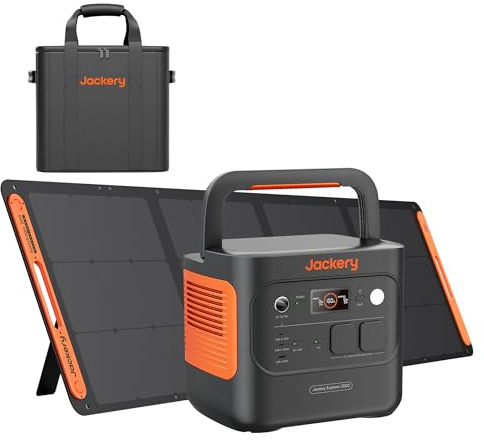 Jackery 2000 v2 Tragbare Powerstation mit 200W Solarpanel mit L Tragtasche, 2042Wh Solargenerator mit 2200W Ausgang, LiFePO4 Batterie Schnellladung für Camping, Wohnmobil, Off-Grid