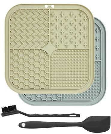 ETIALURE 2PCS Licky Mats for Dogs, BPA-Free Slow Feeding Lick Mats with Suction Cup for Cats Anxiety Relief, Licking Mat for Grooming and Bathing (Beige & Gray, 20cm × 20cm)