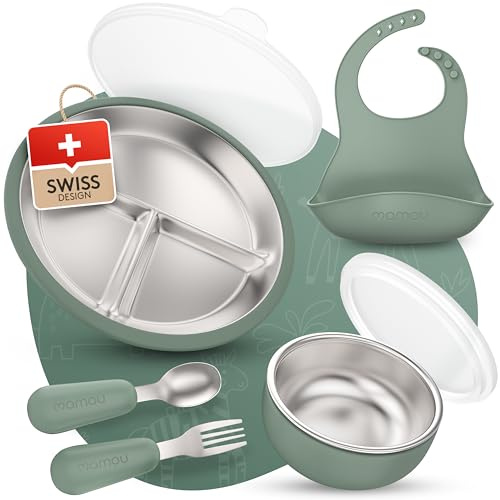 mamou Edelstahl-Kindergeschirrset 6-teilig | Teller & Schüssel mit Deckel, Besteck & Lätzchen | BPA-frei, hygienisch & geschmacksneutral | Nachhaltig & langlebig | Babys & Kleinkinder