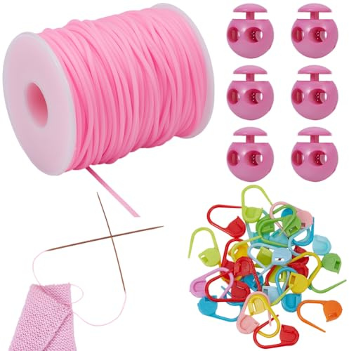 SUNNYCLUE 30Pcs Knitting Stitch Marker 50M/54.68 Yards Hollow Pipe Rubber String 6Pcs Plastic Cord Locks Pink Crochet Locking Stitch Markers Holder Cord Lock Kit for Knitting Craft DIY Projects