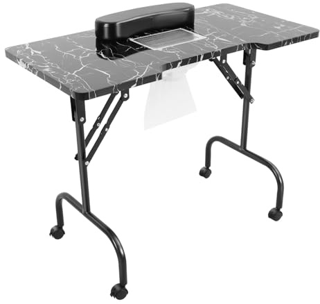 PromiseFly Mesa de manicura plegable para manicura, mesa de uñas portátil, mesa de manicura móvil con aspiración y bolsa de aspiradora para salones de uñas, salones de belleza, barberías, 94 x 48 x 72