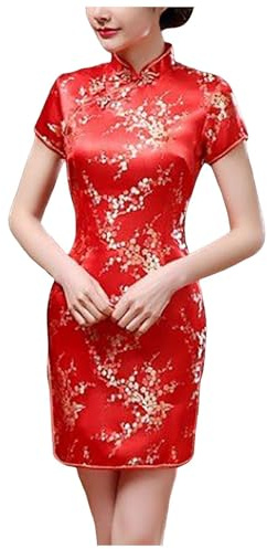 Zanisouta Abito da sera da donna, cinese, elegante, minigonna Cheongsam Qipao Chipao, tubino vintage, drago e fenice corto, colletto mandarino, sexy, vestito oversize cinese, O rosso., L