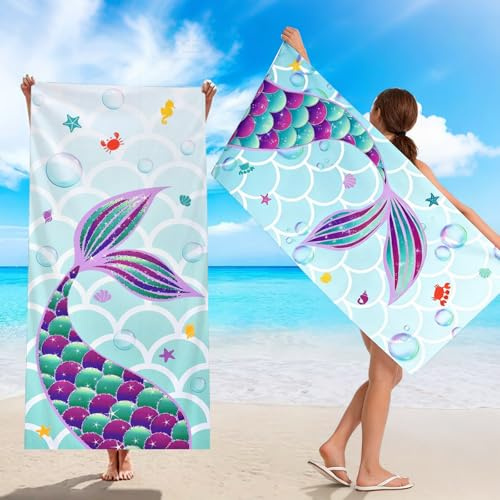 Hustge Meerjungfrau Strandtuch Kinder, 76x150cm Handtuch Kinder, Mikrofaser Badehandtuch Kinder, Handtücher Badetuch Mädchen, Strandtücher für Schwimmen, Strand, Sauna, Gym, Travel