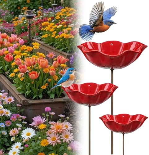 Metallfågeltränkare Blomma, handgjord blomster trädgårdsplugg bintränkare, utomhus fågeltränkare & insektstränkare, bintränkare för trädgård, gård och terrass (3 st röd)