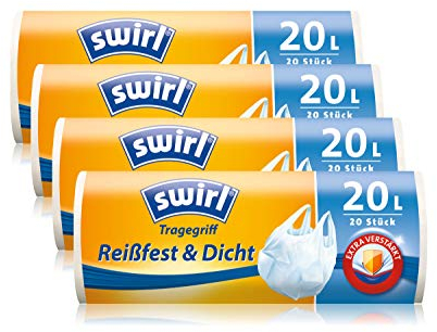 Swirl Tragegriff-Müllbeutel, 20 Liter, Antibakteriell, 4 Rollen mit je 20 Beuteln, Weiß