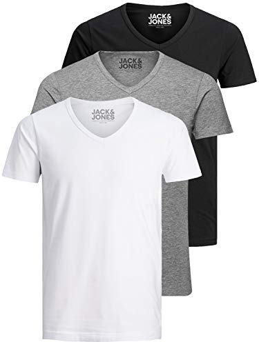 Jack & Jones Lot de 3 t-shirts basiques à col en V pour homme, Couleur unie, Coupe slim, en blanc, noir, bleu, gris, XXL
