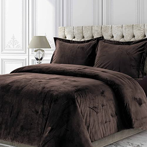Tribeca Living Venice Velvet Oversized Duvet Set, Luxurious 3-Piece King Bedding, Super Soft Velvet with Hidden Button Closure, Chocolate