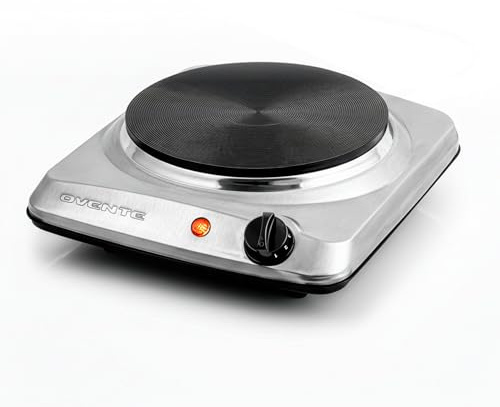 OVENTE Electric Countertop Single Burner, 1000W Cooktop with 7.25 Inch Cast Iron Hot Plate, 5 Level Temperature Control, Compact Cooking Stove and Easy to Clean Stainless Steel Base, Silver BGS101S