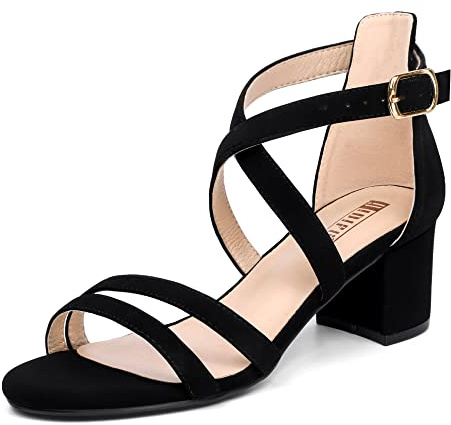 IDIFU Women's Block Low Chunky Heel Strappy Sandals Open Toe Ankle Strap Dress Wedding Evening Shoe for Women Bridal (Black Nubuck, 7.5 M US)