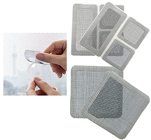 Mellroom Window Screen Repair Kit Tapes Patch, Grey 3.5 inches X 3.5 inches 4pcs (8 Patches) Adhesive Breathable Ventilated Fiberglass Waterproof Covering Door Screen Wire Mesh Tears Holes