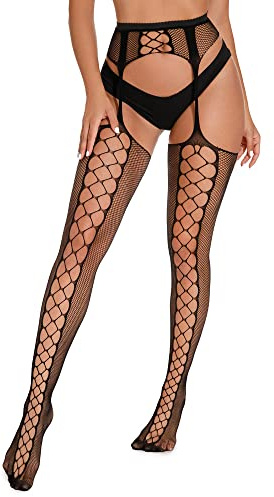 XIUSEMY Fishnet Stockings for Women Patterned High Waist Tights Suspender Pantyhose(BlackJC,M)