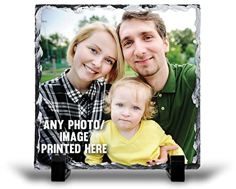 Shopagift Personalised Any Photo Custom Rock Slate Photo Gift with Stand 15cm Square - Wedding Anniversary Housewarming Valentines Father's Day Keepsake Mother's Day or Baby Gift