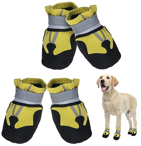 Avvrel Bottes pour Chien - 4pcs Antidérapantes avec Sangle Réfléchissante, Imperméables, Protection pour Petits à Moyens Chiens (S, Jaune)