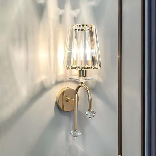 Moderne Goldene Kristall Wandleuchte, E14 Schlafzimmer Wandlampe LED Kristall Wand Lampen, Gold Kristallwandleuchte für Wohnzimmer Korridor Esszimmer Flur Innen (Gold-B)