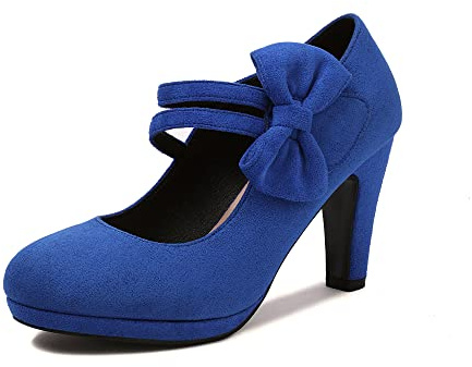 elerhythm Escarpins Mary Jane pour femmes avec nœud rétro, bout rond fermé, escarpins chic avec nœud papillon vintage Gatsby en daim, bleu marine, 38 EU