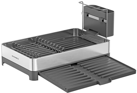 SONGMICS Dish Drainer Rack, Expandable Dish Drying Rack, Stainless Steel Kitchen Dish Rack with Utensil Holder, Rustproof, for Dishes, Knives, Spoons, Forks, Silver and Grey KCS035G01
