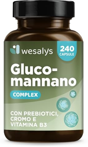 GLUCOMANNANO FORTE 4.200 mg per Dose Giornaliera, 240 CAPSULE, Made in Italy, Arricchito con Cromo, Vitamina B3 e Prebiotici; Fibra Vegetale, Integratore Ad Alto Dosaggio, Wesalys