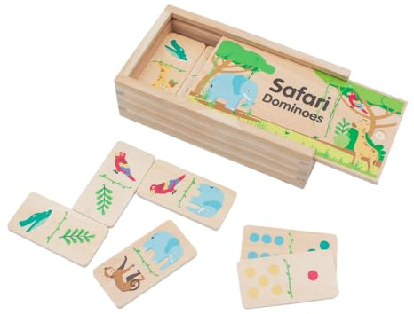 jumini Children’s Wooden Dominoes Set – 28-Piece Double-Sided with Farm, Woodland, and Safari Animal Designs – Sustainably Sourced Wood, Non-Toxic Paint, UK Safety Tested (Safari)