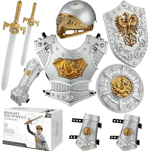 ZMSnow Kids Medieval Knight Armor Costume Set with Helmet, Shields, Chest Piece, Swords and Cape, Halloween Birthday Gifts for Kids Pretend Role Play Plastic Toy Royal Silver Knight Dress Up