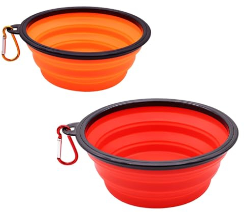 KSOIQPU 2 Stück zusammenklappbar Reise Hundenapf, auslaufsicher Hundenäpfe tragbare Silikon Hund und Katze Trinknäpfe mit Haken für Camping und Langstreckenreisen(350 ml und 1000 ml)