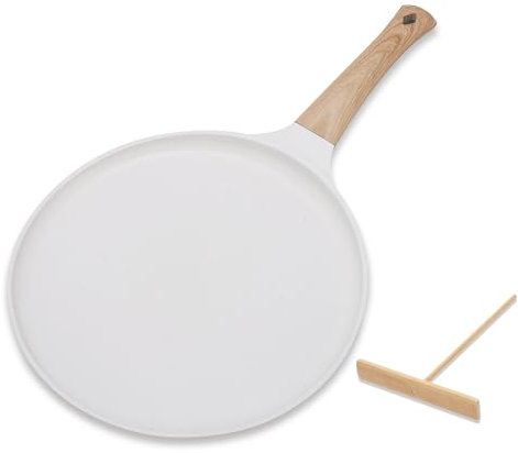 MEKOTRIN Crepe Pfanne 24cm, Antihaftpfanne Omlettenpfanne Pfannkuchenpfanne Induktion Pancake Pfanne Kompatibel Mit Allen Herdarten, Holzgriff (Weiß)