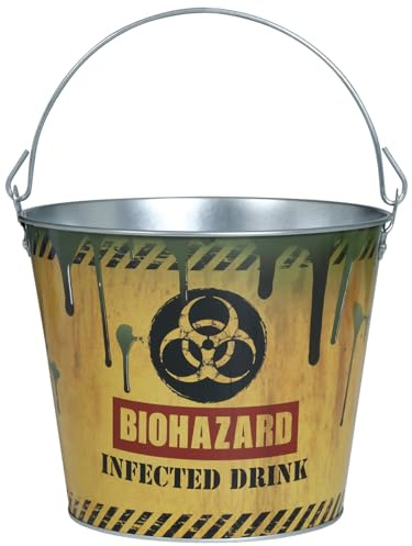 FIESTAS GUIRCA | Cubo Metálico Biozard Reutilizable (19x23 cm) - Decoración de Mesa para Fiestas de Halloween - Ideal para Temáticas Terroríficas - Amarillo