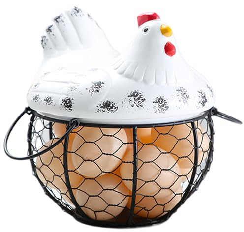 Canasta de huevo para recolectar huevos frescos contiene 15 huevos, linda cesta de huevo de gallina con tapa y manejar la canasta de huevo multipropósito decorativo de hierro, cesta de huevo blanco,