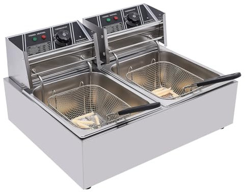 Freidora eléctrica, 3200 W, 12 L, freidora de aceite, doble freidora, rango de temperatura de 60 °C - 200 °C, longitud del cable de alimentación 1,3 m, 2 placas residuales para preparar sabrosos