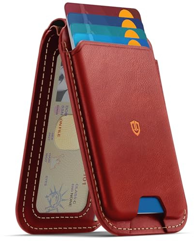 SHIELDON äkta läder korthållare plånbok, retro röd | Avtagbar, RFID-blockerare, kortfack, ID-fönster, kompatibel med iPhone 17/16/15/14/13/12-serien, ej för Mini