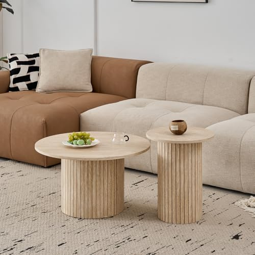 BenyLed Set med 2 runda sovbord med cylindrisk bas; modernt sidobord med MDF-skiva och träribbbas (gul/textur)
