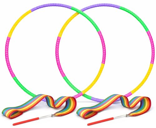 Fzyisw Set da 4 Pezzi Hula Hoop a 8 Segmenti + Nastro Danza con Bacchetta, Cerchio Fitness per Allenamento Movimento, Accessori Ginnastica per Interni ed Esterni