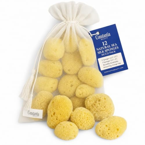 Constantia Beauty® Natural Sea Silk Sponges 12pack, use like Cotton Balls, Cosmetic Grade, Makeup Application Blending & Removal, Face & Eye Cleaning, Size 9pc x1.5-2.5 3pc x 2.5-3 Reuseable Bag